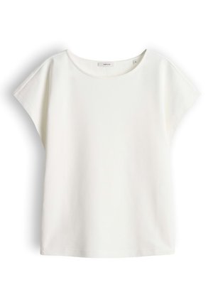 Weiße Bluse mit kurzen Ärmeln und lockerem Schnitt, mit rundem Ausschnitt und einem kleinen Markenlabel innen im Kragen.