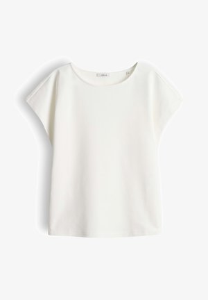 Witte blouse met korte mouwen, losse pasvorm, een ronde halslijn en een klein merkembleem aan de binnenkant van de kraag.