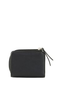 Portafoglio nero con zip realizzato in materiale liscio, forma rettangolare, con un design semplice e un piccolo tirante per la zip per un facile accesso.