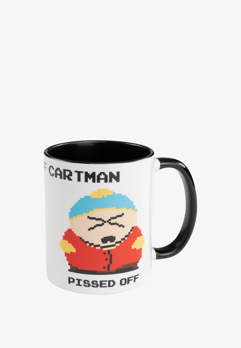 Tazza con un personaggio pixelato con cappello blu e costume rosso, corpo bianco, manico nero e testo "PISSED OFF" in font nero.