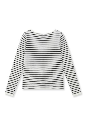 Camiseta de manga larga en algodón blanco con rayas horizontales negras, con cuello redondo y diseño ajustado. Sin herrajes ni detalles visibles.