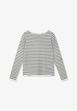 Camiseta de manga larga en algodón blanco con rayas horizontales negras, con cuello redondo y diseño ajustado. Sin herrajes ni detalles visibles.