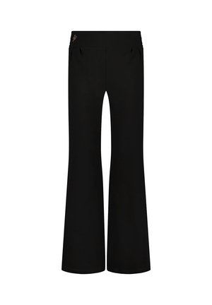 Schwarze, ausgestellte Hose mit elastischem Bund, ausgestattet mit zwei Seitentaschen und dezentem Steppnaht-Detail. Weicher, elastischer Stoff.