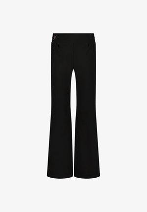 Mustat levenevät housut, joissa on joustava vyötärö, kaksi sivutaskua ja huomaamaton pääomistikkaus. Pehmeä, joustava kangas.