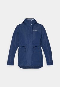 Navy rain jacket made of waterproof fabric, featuring a drawstring waist, multiple front pockets, and a zip-up front with snap buttons.