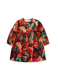 Langärmliges Kleid mit mehrfarbigem Blumenmuster in Rosa-, Grün- und Orangetönen; verfügt über einen runden Ausschnitt und Holzknoepfe.