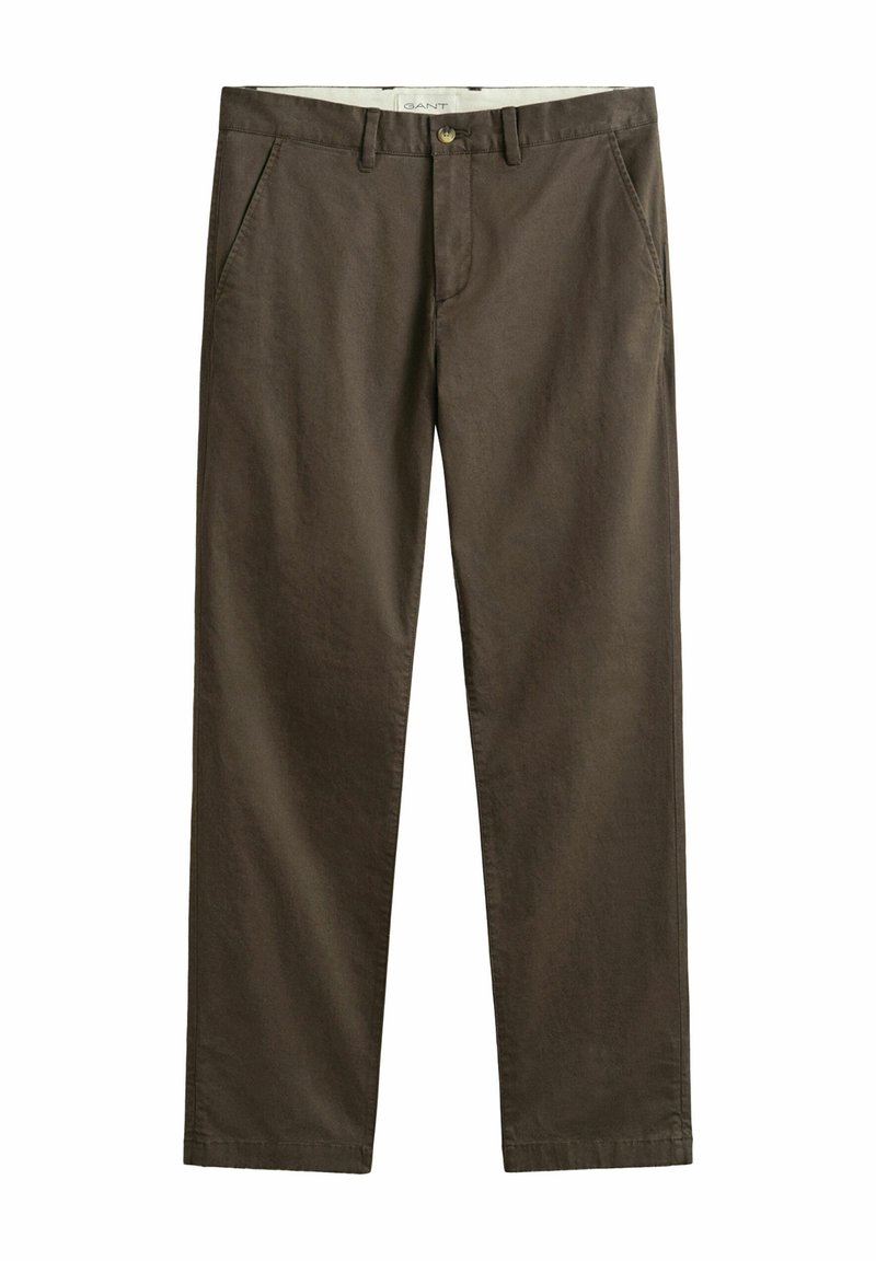 Braune gerade geschnittene Hose mit Seitentaschen, Gürtelschlaufen und Knopfverschluss in der Taille.
