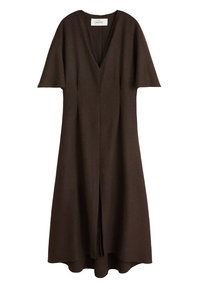 Brązowa sukienka z długim rękawem, dekoltem w kształcie litery V, szerokimi rękawami i rozporkiem z przodu. Gładka faktura, minimalistyczny design i zwiewny krój.