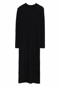 Robe noire en maille côtelée avec manches longues, col rond et fentes latérales. Silhouette simple et droite avec un tissu texturé.