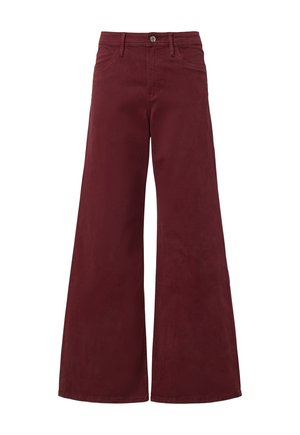 Pantaloni larghi color bordeaux realizzati in morbido cotone. Presentano una chiusura con bottone, passanti per la cintura e tasche. Texture liscia con un design a tinta unita.