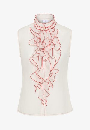 Ujjatlan fehér blúz fodros elejjel és gallérral, piros varrással a széleken és egy kis gyöngy gombbal a nyaknál.