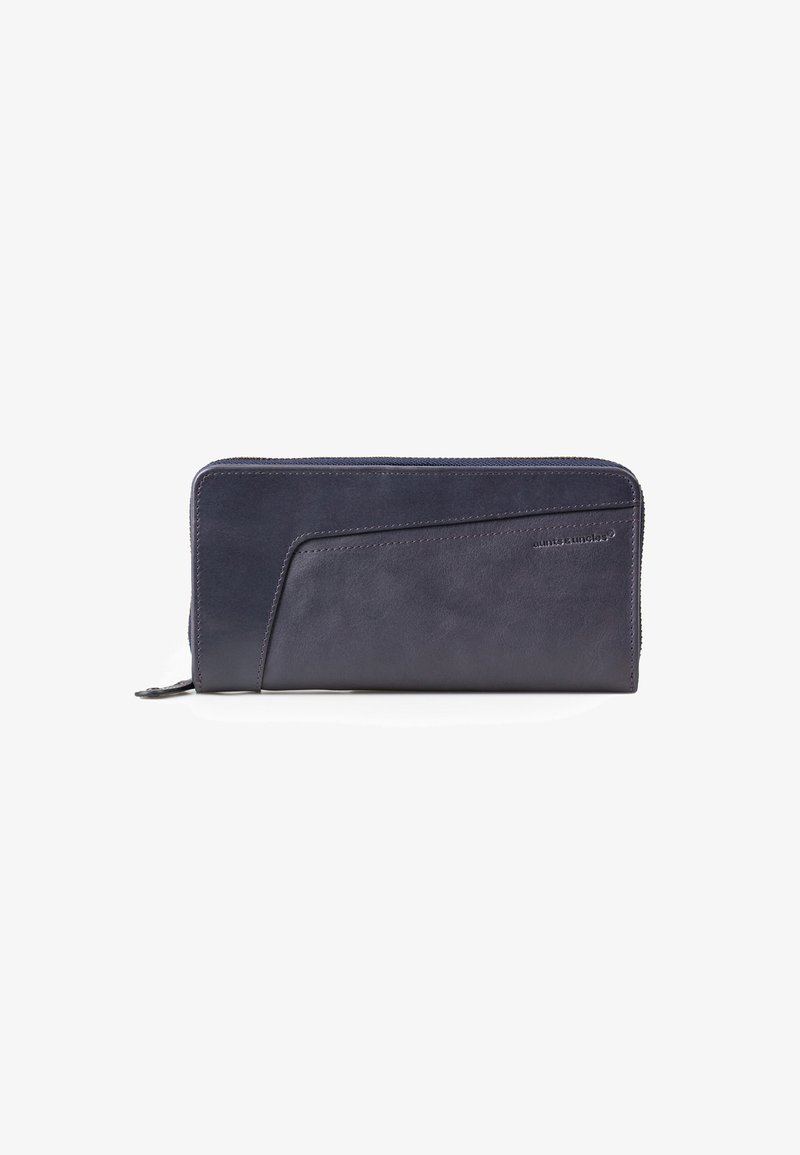 Navy Leder-Wallet mit einer glatten Textur, ausgestattet mit einem Reißverschluss und einem minimalistischen Design mit einer schrägen Fronttasche.