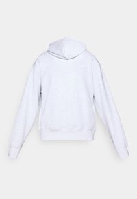 Sweatshirt à capuche gris avec une coupe décontractée, manches longues et poignets côtelés ; la vue arrière montre une texture lisse et un design simple.