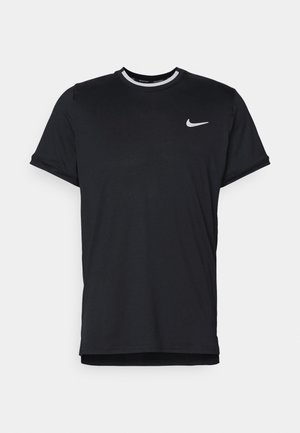 Black athletic t-shirt made of lightweight, breathable fabric. Features a round neckline with a white accent and small white logo on chest.
