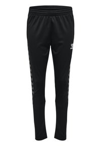 Svarta träningsbyxor av slät tyg, med en tapered design och kontrasterande chevronränder längs sidorna. Inkluderad elastisk midja.
