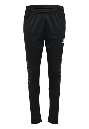 Pantalons de sport noirs en tissu lisse, avec un design effilé et des rayures en chevron contrastées sur les côtés. Taille élastique incluse.