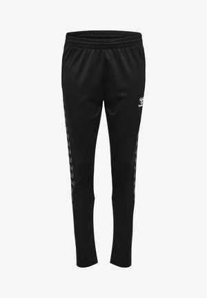 Pantaloni sportivi neri realizzati in tessuto liscio, con un design affusolato e strisce a zigzag a contrasto lungo i lati. Include una vita elastica.