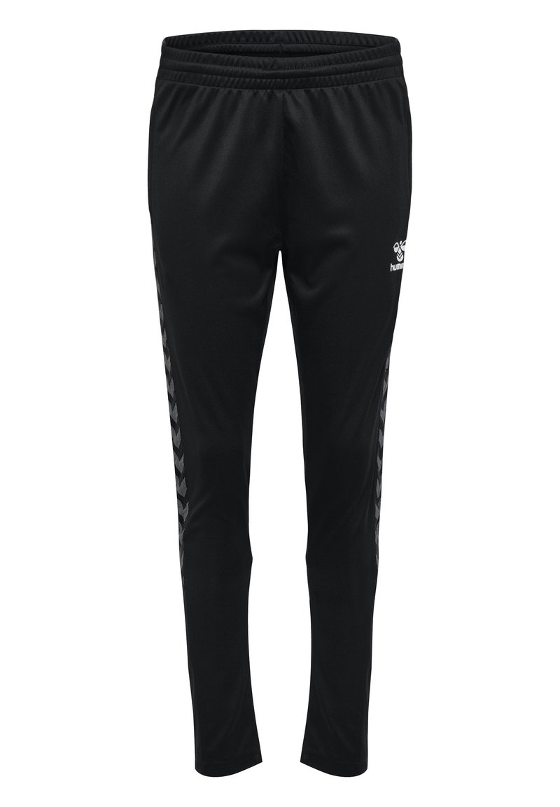 Svarta träningsbyxor av slät tyg, med en tapered design och kontrasterande chevronränder längs sidorna. Inkluderad elastisk midja.