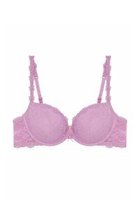 Rosa spetsbehå med vadderade kupor, blommönster, vågiga spetskanter och dekorativt band i mitten. Justerbara axelband för passform.