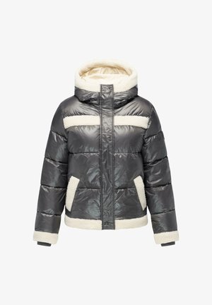 Padded puffer-jakki tummanharmaana, jossa on pehmeä kerma-valkoinen kaulus, vaakasuunnassa tikatut osiot ja kaksi sivutaskua.