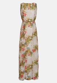 Abito maxi floreale in tessuto leggero con foglie verdi e fiori rosa. Design senza maniche con vita cin cinata e silhouette fluida.