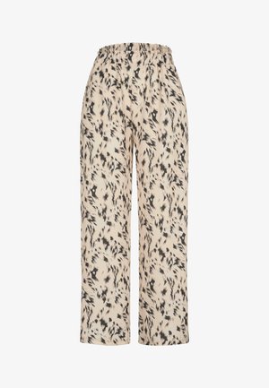 Elastic-waist, wide-leg pants in a light beige fabric with a black abstract pattern, featuring a smooth texture and loose fit.