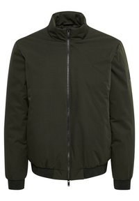 Dunkelgrüner Bomberjacke mit hohem Kragen, Frontreißverschluss, elastischen Bündchen und Saum. Glatter Stoff mit minimalistischer Gestaltung.