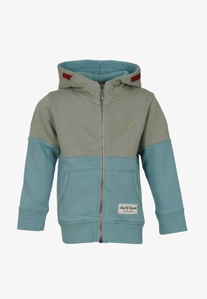 Chaqueta con capucha y cremallera en verde y azul claro, que presenta un logo frontal, dos bolsillos laterales y puños y dobladillo acanalados.