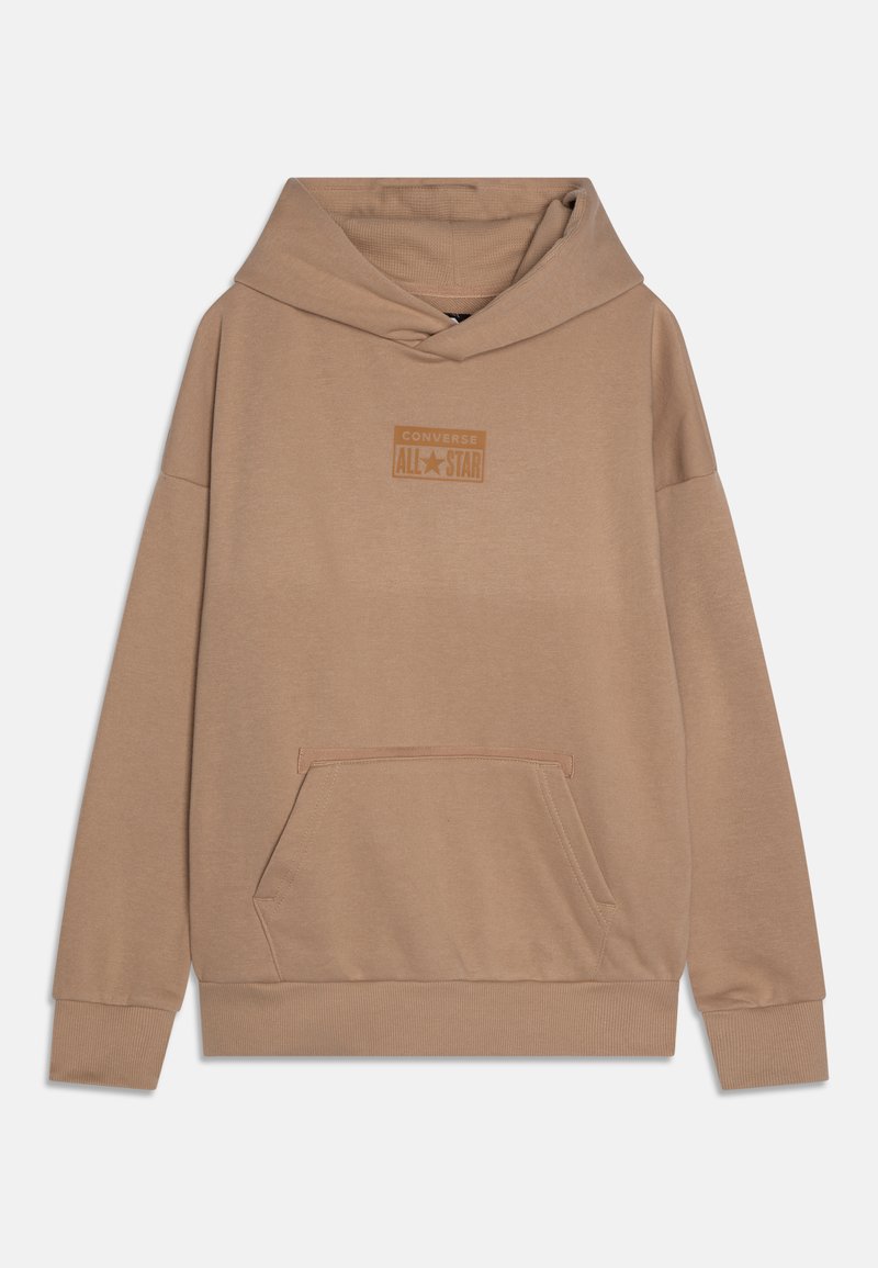 Felpa beige con cappuccio caratterizzata da una tasca a marsupio, polsini e orlo a coste, con un logo "Converse All-Star" di spicco in una tonalità abbinata.