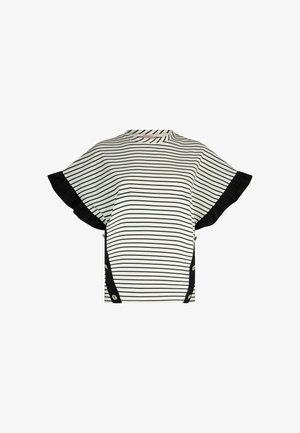 Bijela majica kratkih rukava s tankim crnim horizontalnim prugama, crnim naboranim rubovima rukava i crnim bočnim panelima s ukrasnim gumbima.