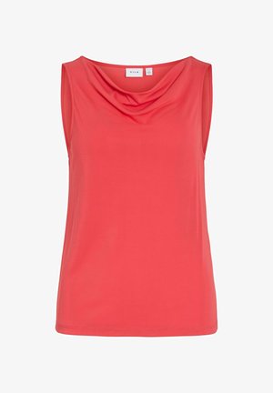 Mouwloze dames top in koraalroze met een gedrapeerde ronde halslijn en gladde stof van het merk Vila.