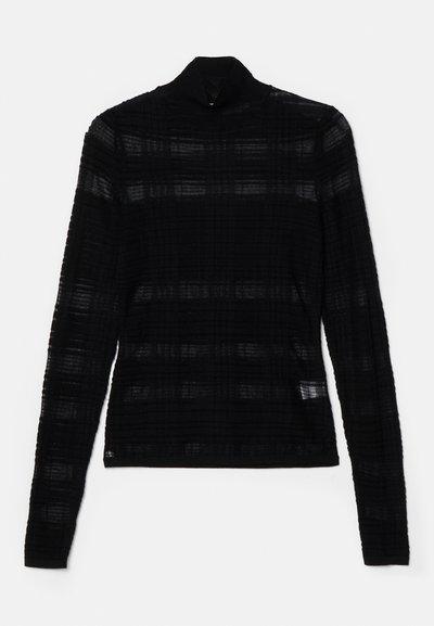 Μαύρο, μακρυμάνικο μπλουζάκι με γιακά τσέχου, με υφασμάτινο καρό σχέδιο. Μαλακό, ελαφρύ ύφασμα, με εφαρμοστή σιλουέτα και ελάχιστες ραφές.