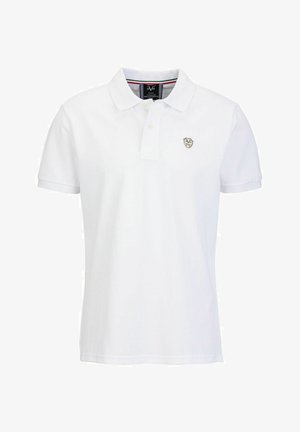 Weißes Poloshirt aus Baumwolle mit einer Knopfleiste mit drei Knöpfen, kurzen Ärmeln und einem kleinen Wappenemblem auf der linken Brust.