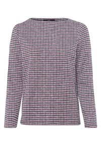 Suéter de manga larga con cuello redondo, en un pequeño patrón de houndstooth burdeos y azul marino sobre un fondo blanco.