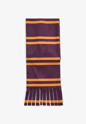 Sciarpa viola piegata con strisce orizzontali arancioni e estremità frangiate su uno sfondo bianco.