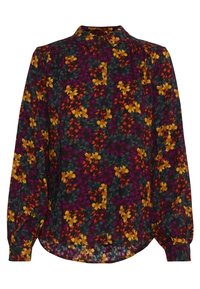Blouse à manches longues avec boutons, fond sombre et motif floral coloré en tons jaunes, orange et violets.