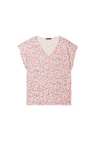 Kurze Ärmel V-Ausschnitt T-Shirt, leichtes Material, weißer Hintergrund mit pinkem, grünem und grauem Blättermuster. Entspannte Passform, glatte Textur.