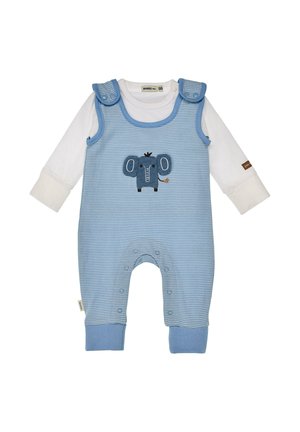Baby blue and white striped romper with snap closures and an embroidered elephant on chest, layered over a long-sleeve white shirt.