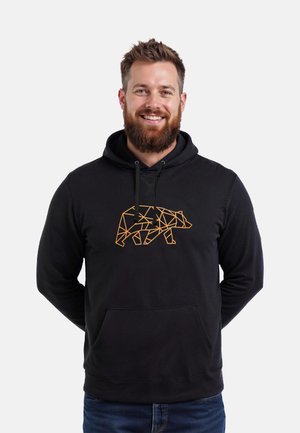 Zwarte hoodie met een geometrisch oranje berenontwerp op de voorkant, trekkoordkap en kangoeroezak. Zacht materiaal met een casual pasvorm.