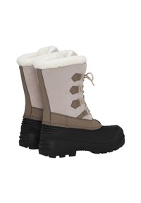 Botas de invierno beige de ante y sintético con una suela de goma negra, cuello de borreguito y tres ganchos para los cordones en la parte delantera. Texturizadas para mayor agarre.