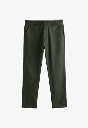 Dark green cotton chinos with a slim fit, two front pockets, and a button closure. Smooth texture, straight leg design.