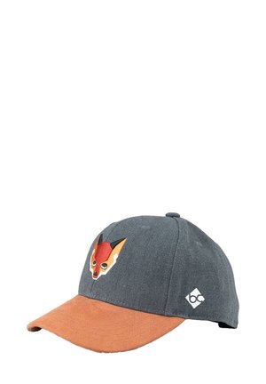 Gray cap with a textured finish, contrasting orange bill, and a fox graphic on the front. Features a logo on the side.
