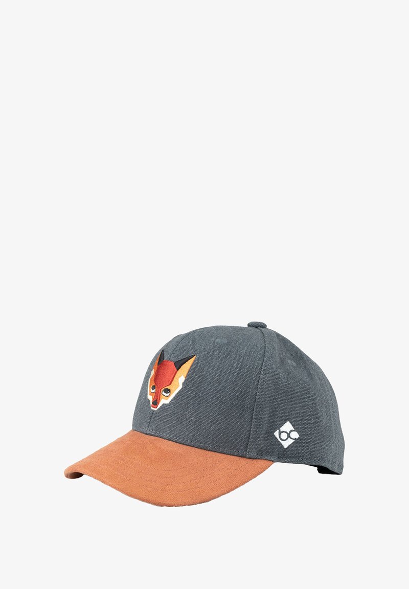 Gray cap with a textured finish, contrasting orange bill, and a fox graphic on the front. Features a logo on the side.