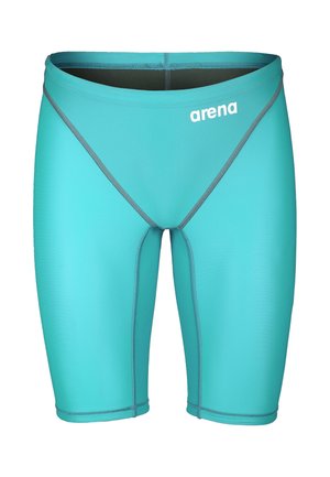 Turkooizen zwemjammers tot op de knie met grijze naden en een wit "arena" logo op de linkerheup.