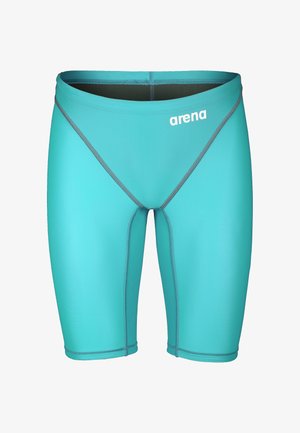 Turkooizen zwemjammers tot op de knie met grijze naden en een wit "arena" logo op de linkerheup.