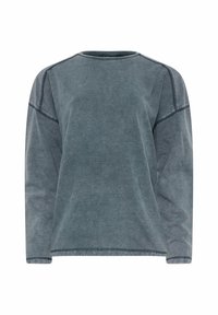 Grå långärmad sweatshirt med rund halsringning, som har en mjuk textur och kontrasterande sömmar längs kanterna.