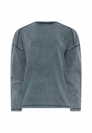 Grijze sweatshirt met lange mouwen en ronde hals, met een zachte textuur en contrasterende stiksels langs de naden.