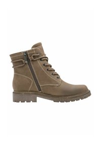 Brown leather ankle boots with a rounded toe, lace-up front, zip closure, contrasting stitching, and a textured rubber sole.