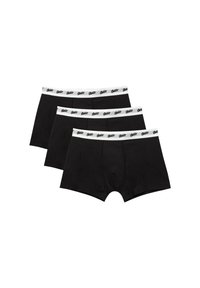 Három fekete boxer alsónadrág puha anyagból, fehér derékrésszel, amelyen fekete szöveggel ismételt márkajelzés található.