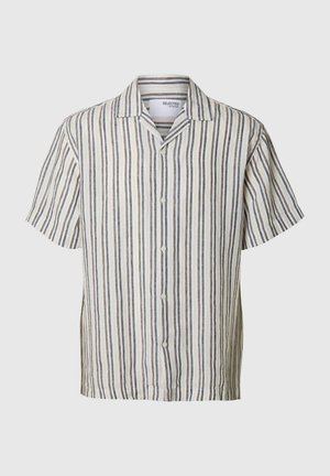Kortermet skjorte i lett lin, med vertikale striper i krem, grå og marineblå. Designet inkluderer en klippet krage og fem knapper.